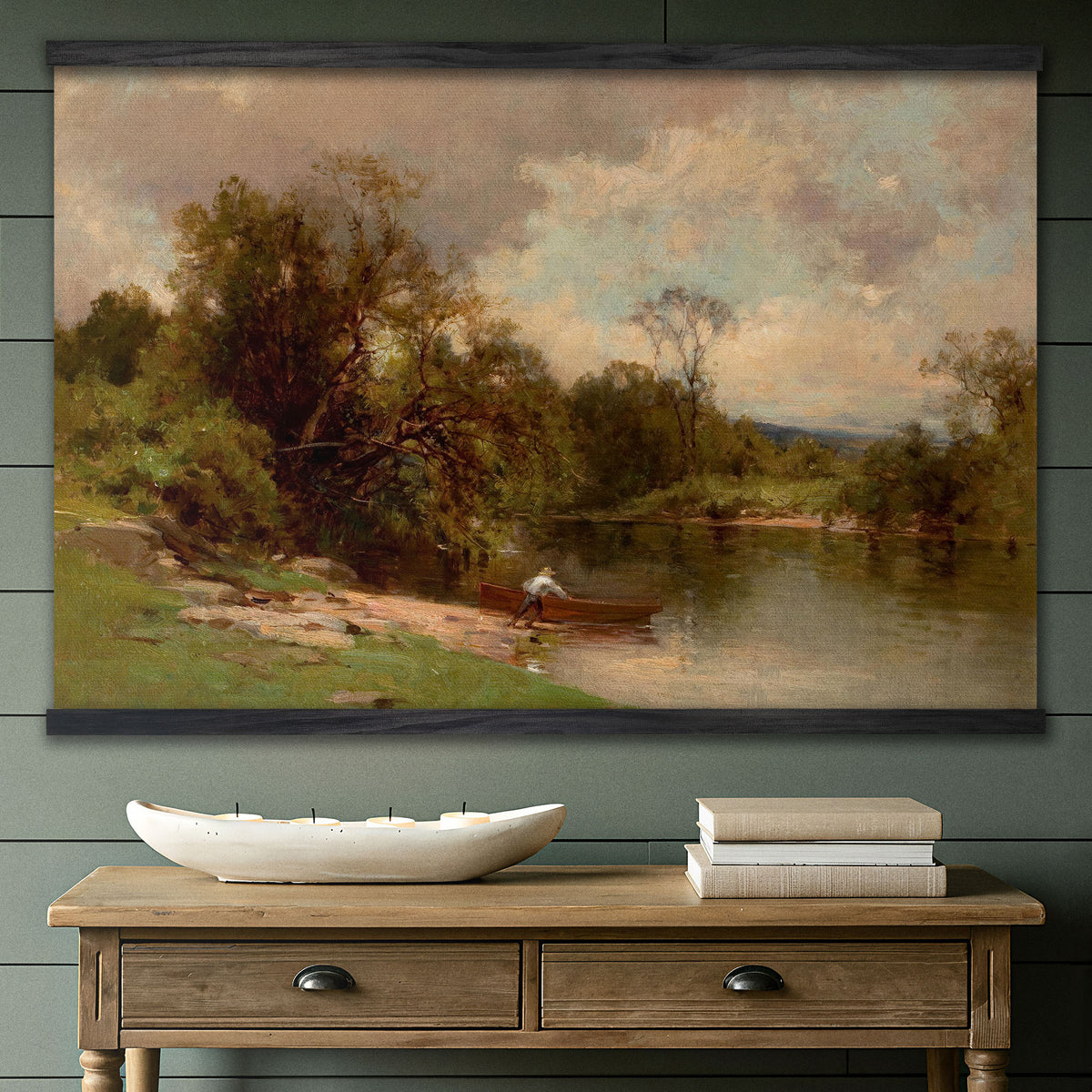 Vintage River Landscape - Fisherman with a Wooden Boat