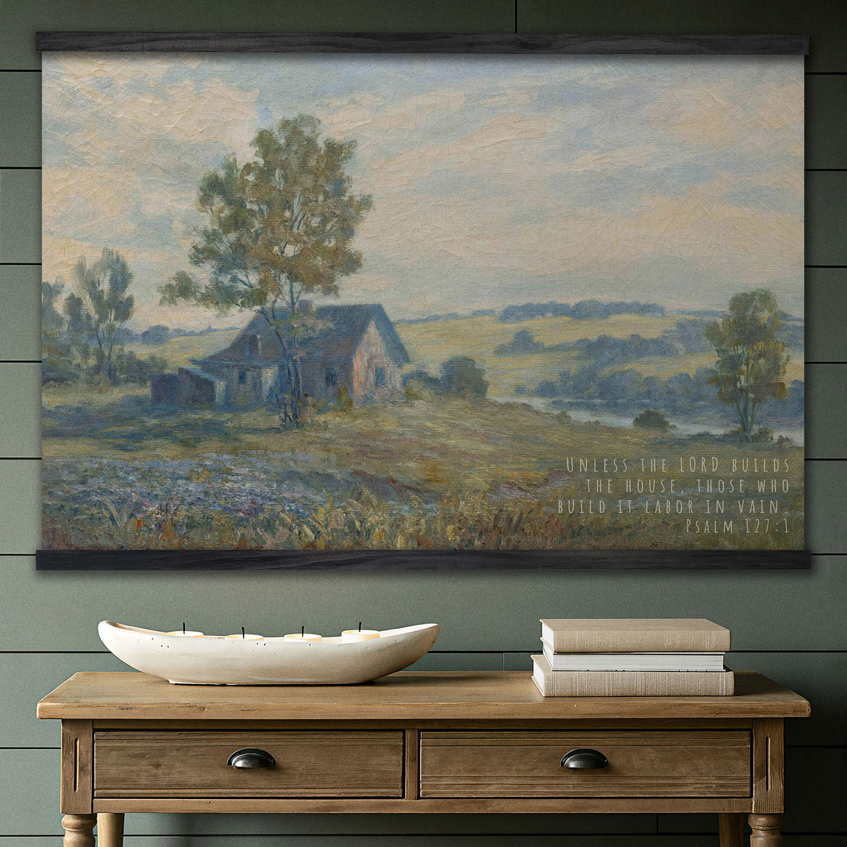 Vintage Farmhouse Landscape - Unless the Lord Builds the House - Psalm 127:1