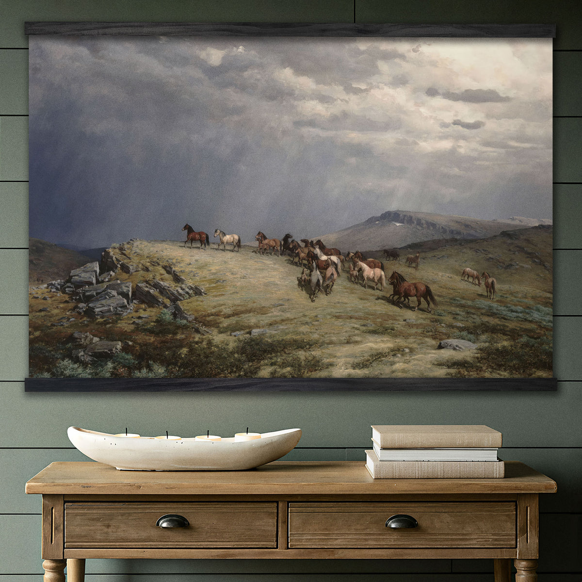 Western Wild Horses Vintage Landscape Painting