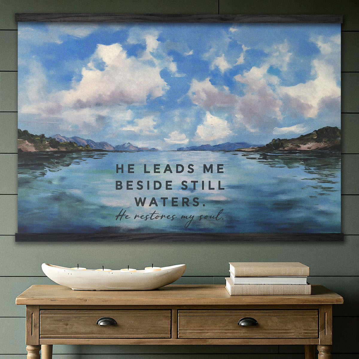 He Leads Me Beside Still Waters - Lake and Clouds Painting - Psalm 23