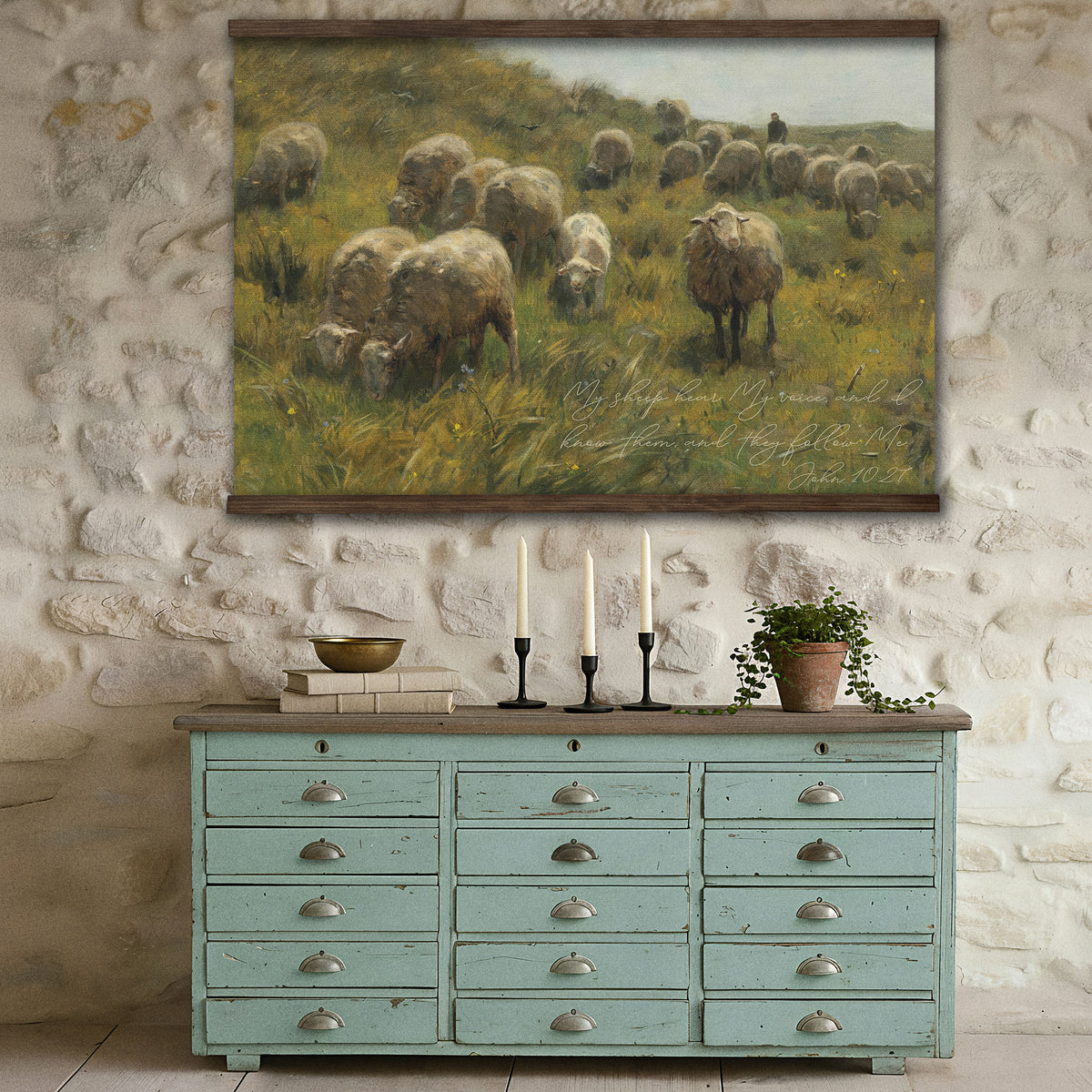 Vintage Shepherd Pastoral Painting - My Sheep Hear My Voice
