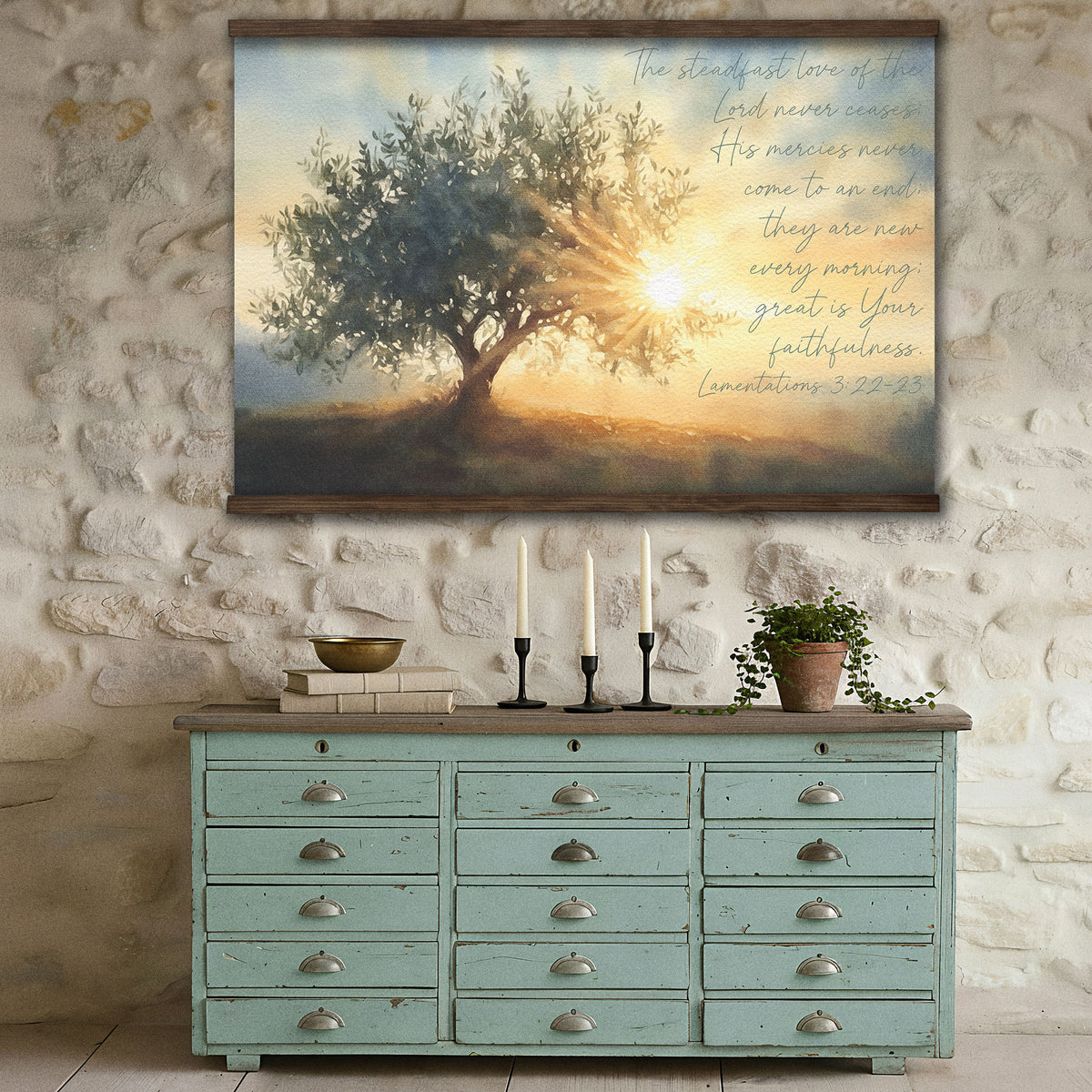 Olive Tree and Sunrise Watercolor Painting - His Mercies are New Every Morning - Lamentations 3:22-23