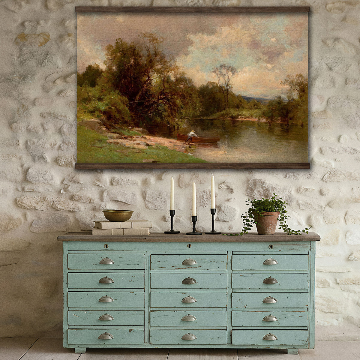 Vintage River Landscape - Fisherman with a Wooden Boat