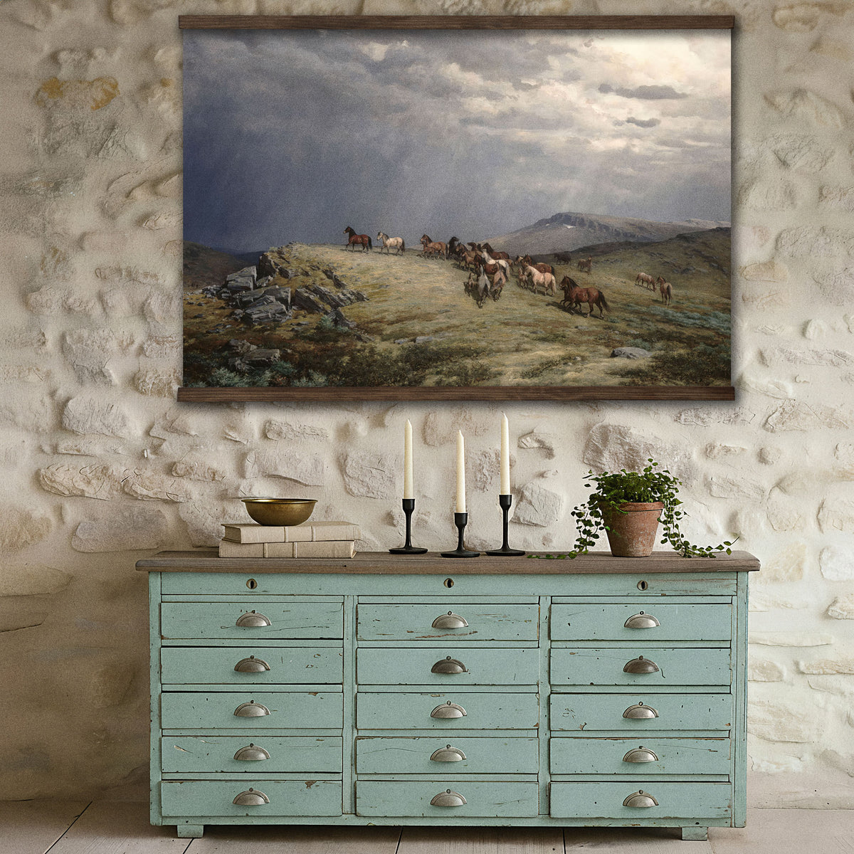 Western Wild Horses Vintage Landscape Painting