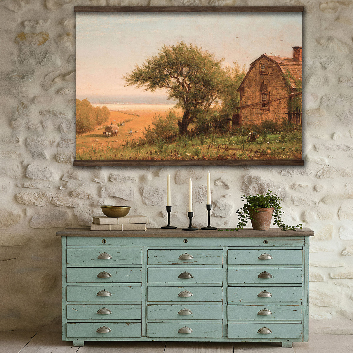 Vintage Seaside Farm Landscape Painting