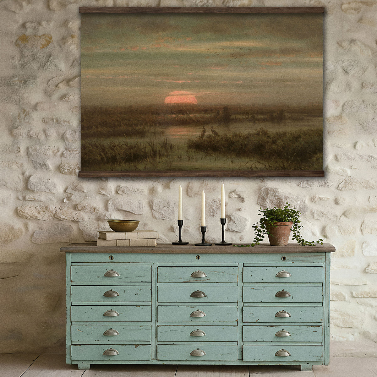 Herons at Sunrise Marsh Landscape Painting