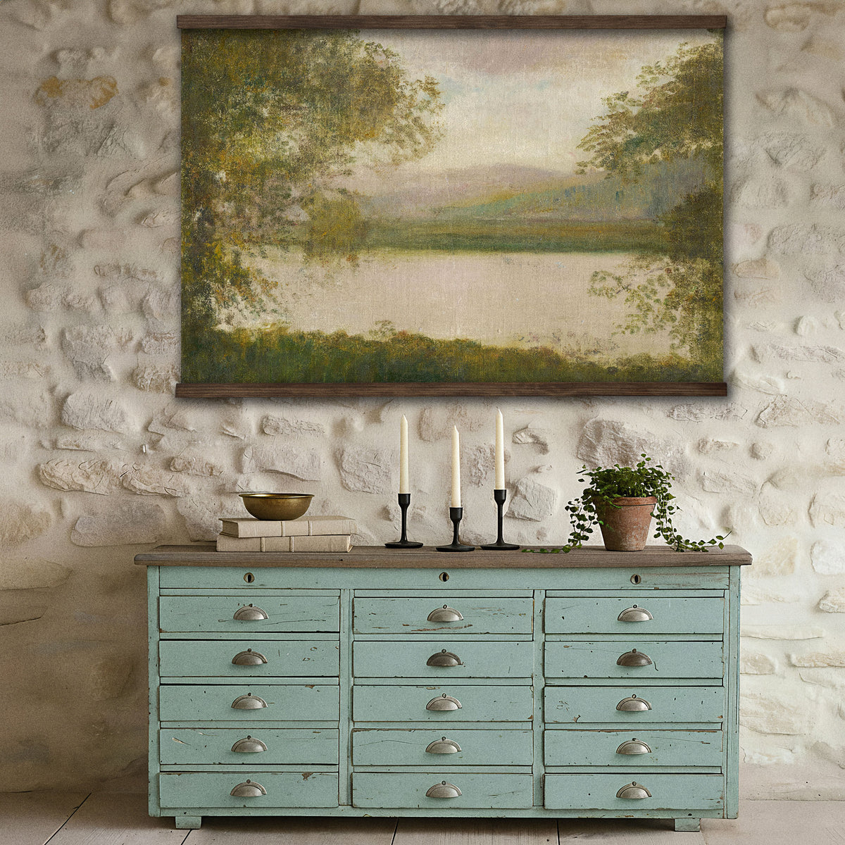 Vintage River Landscape Muted Painting