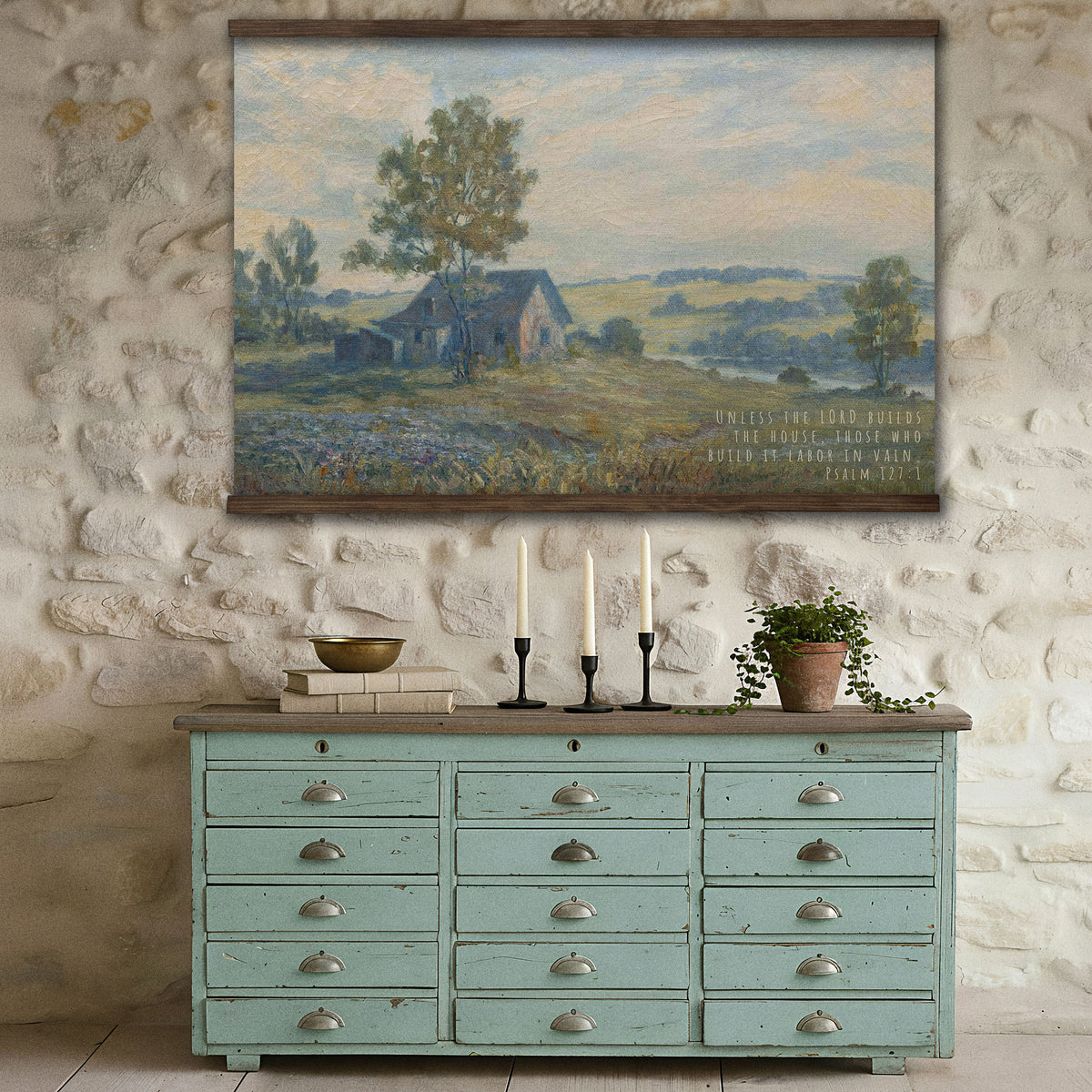 Vintage Farmhouse Landscape - Unless the Lord Builds the House - Psalm 127:1