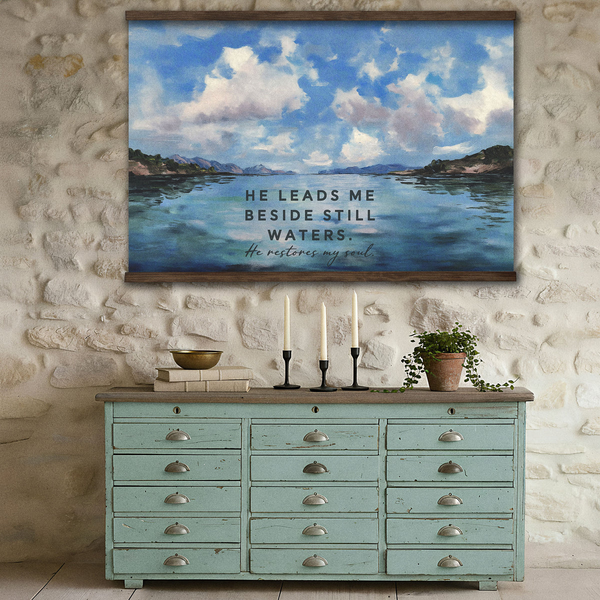 He Leads Me Beside Still Waters - Lake and Clouds Painting - Psalm 23
