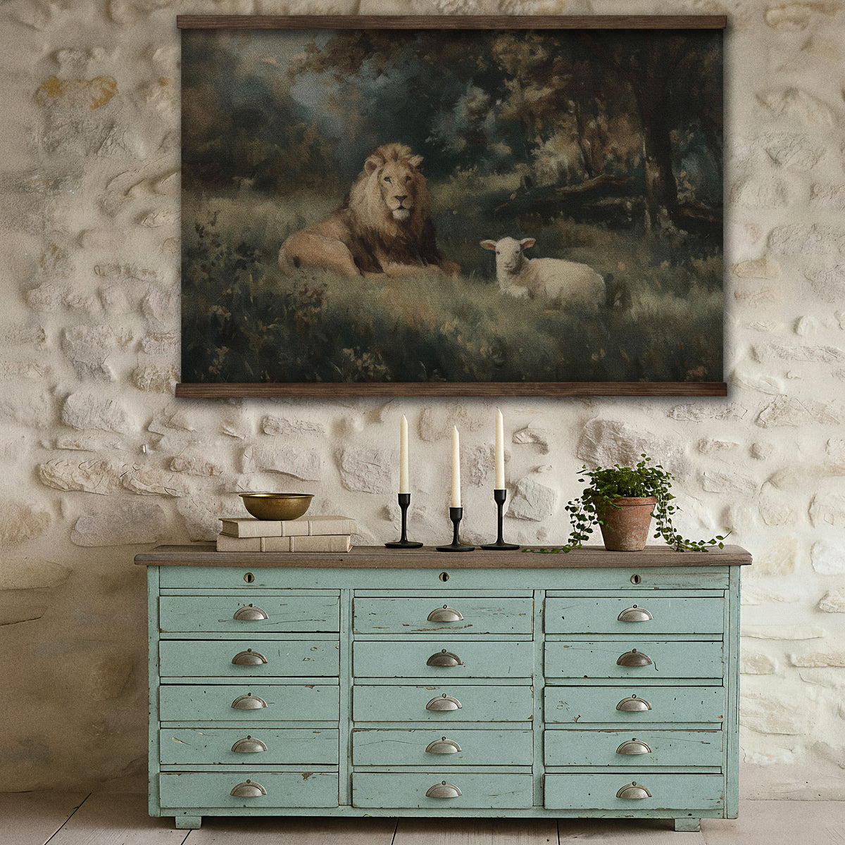 Vintage Lion and Lamb Painting