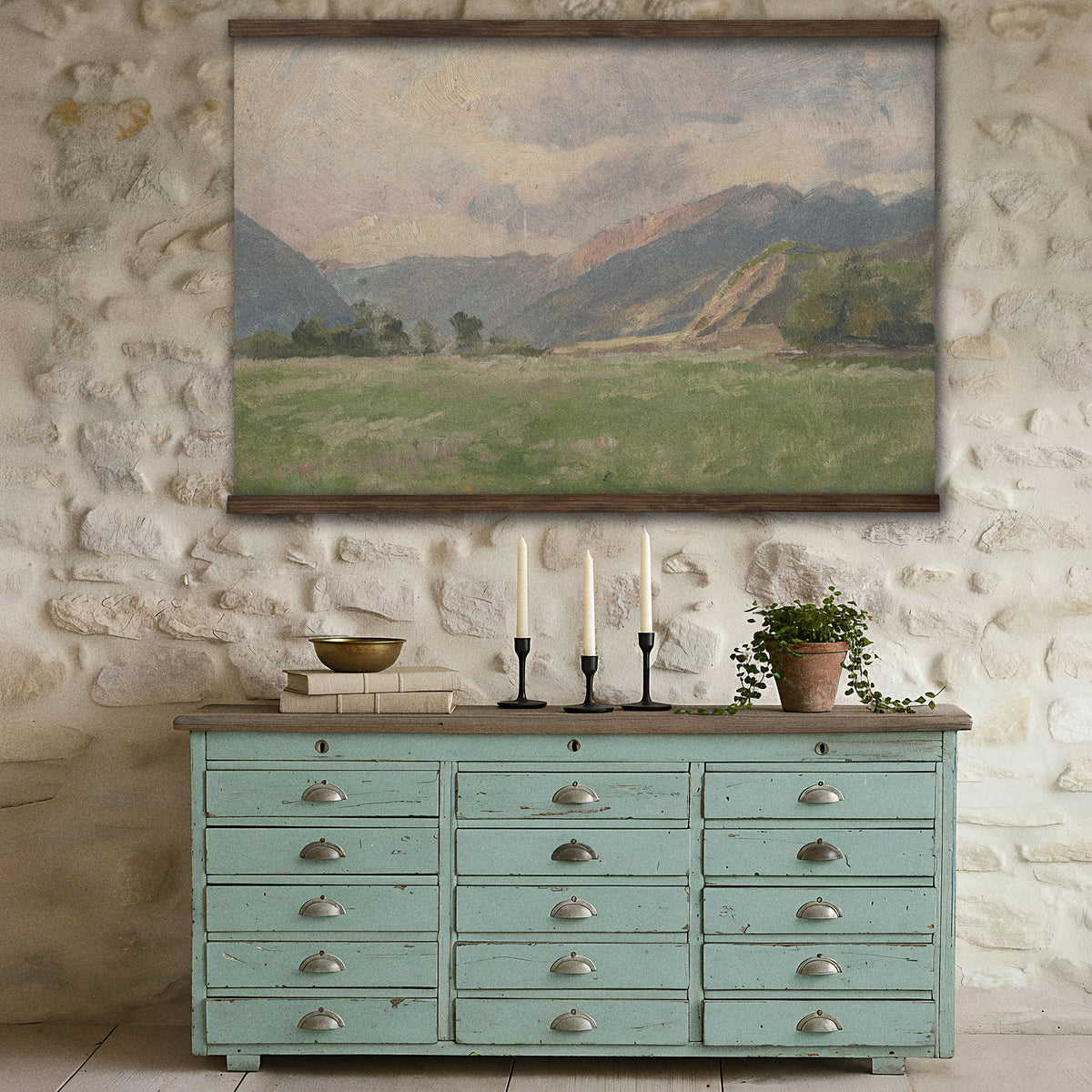 Neutral Mountain Landscape Vintage Painting