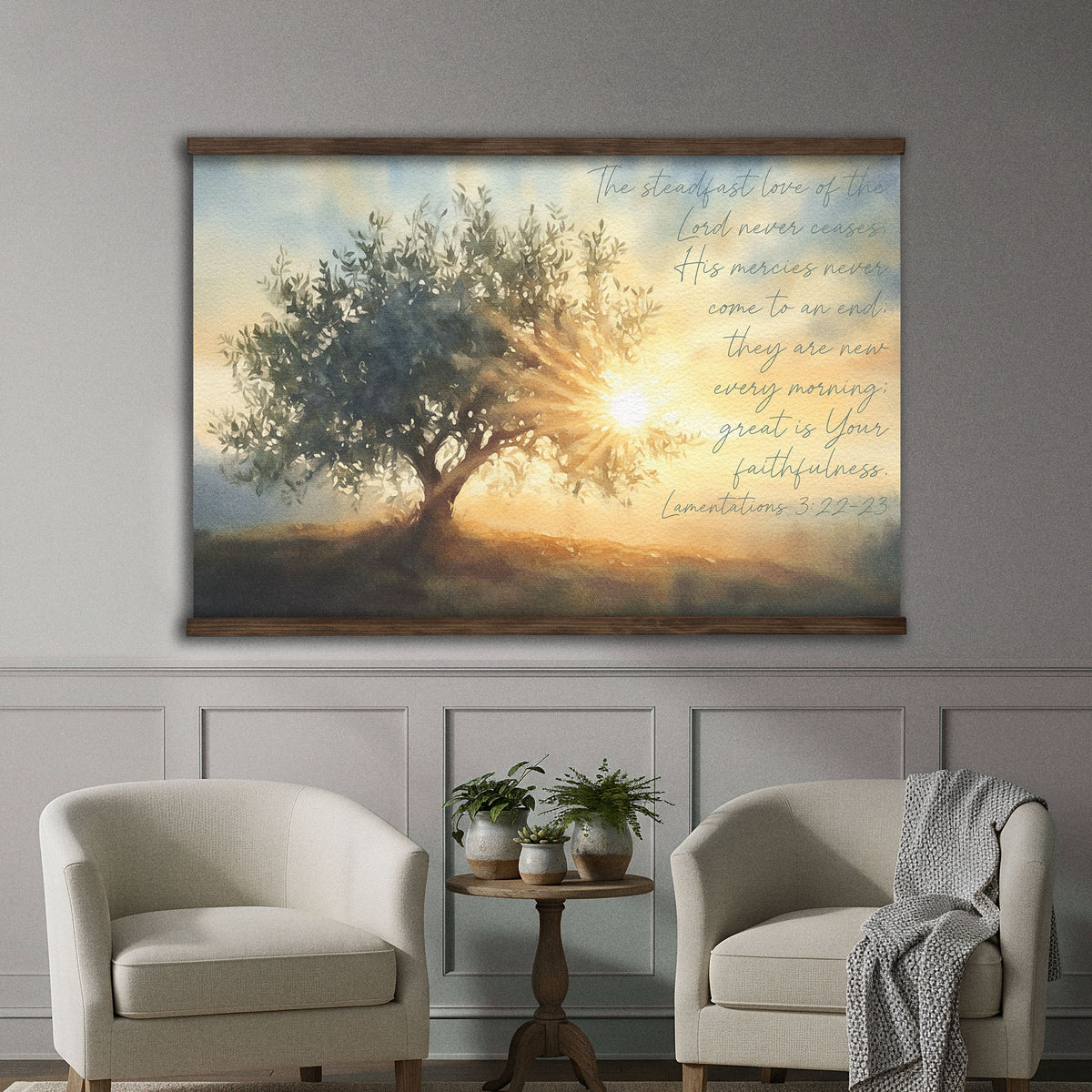 Olive Tree and Sunrise Watercolor Painting - His Mercies are New Every Morning - Lamentations 3:22-23