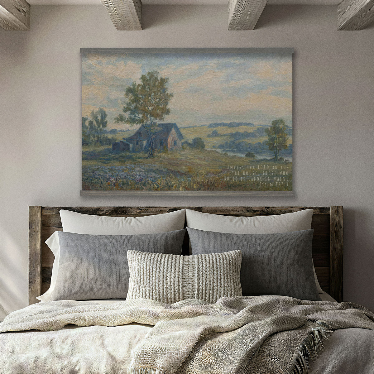 Vintage Farmhouse Landscape - Unless the Lord Builds the House - Psalm 127:1