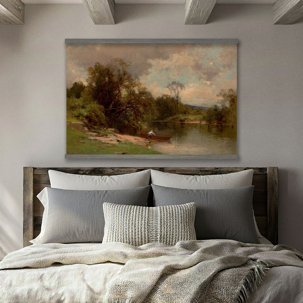 Vintage River Landscape - Fisherman with a Wooden Boat