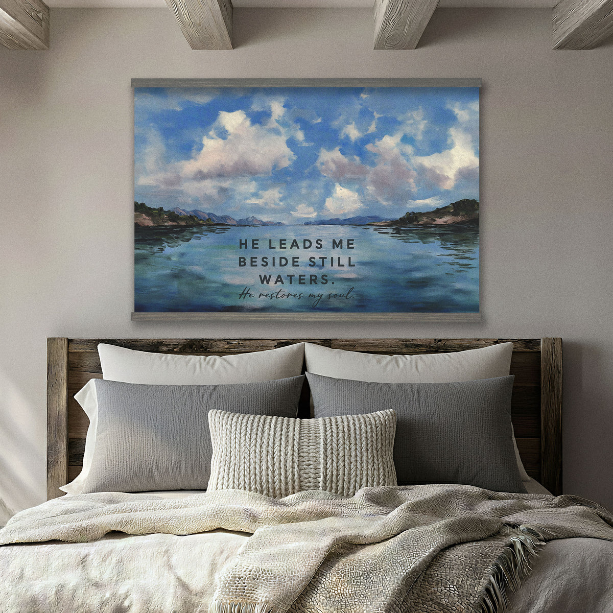 He Leads Me Beside Still Waters - Lake and Clouds Painting - Psalm 23