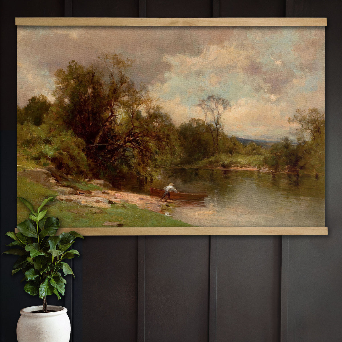 Vintage River Landscape - Fisherman with a Wooden Boat