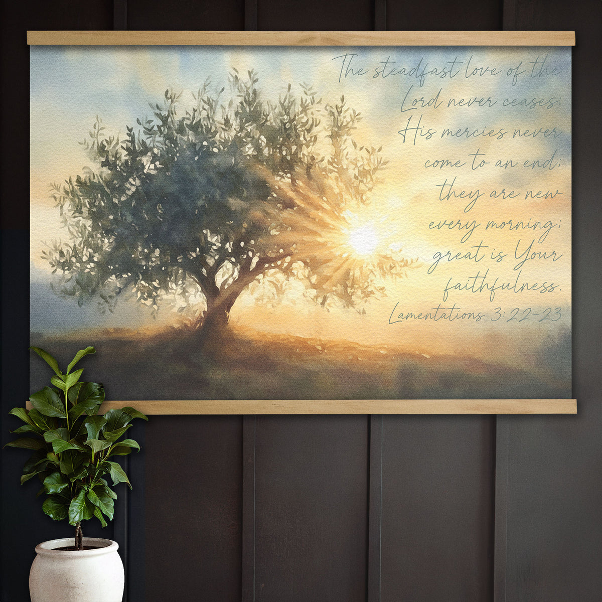 Olive Tree and Sunrise Watercolor Painting - His Mercies are New Every Morning - Lamentations 3:22-23