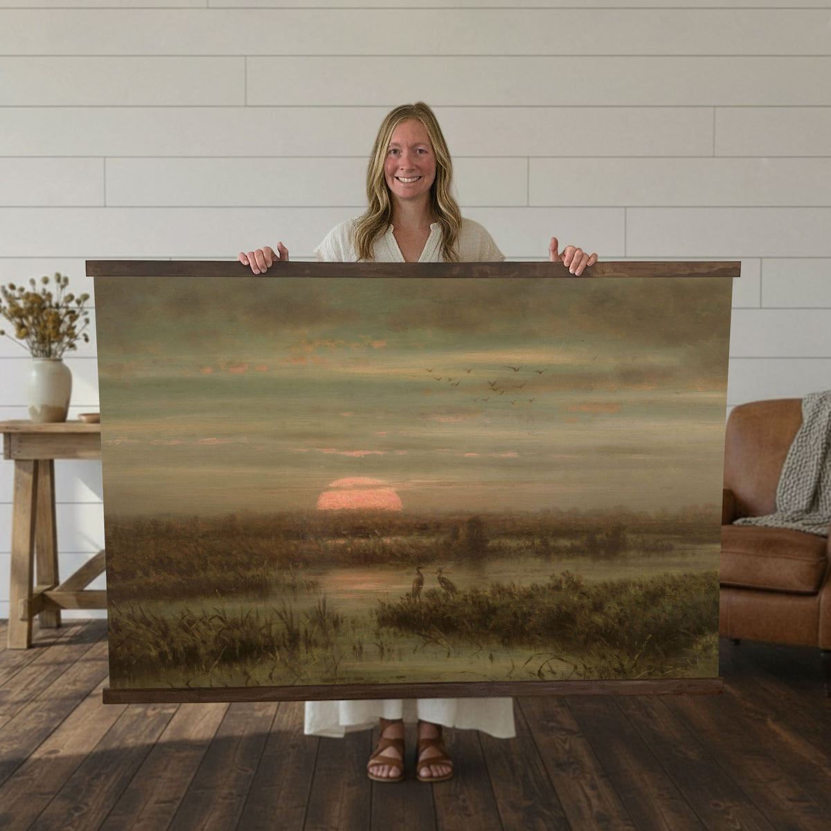 Herons at Sunrise Marsh Landscape Painting