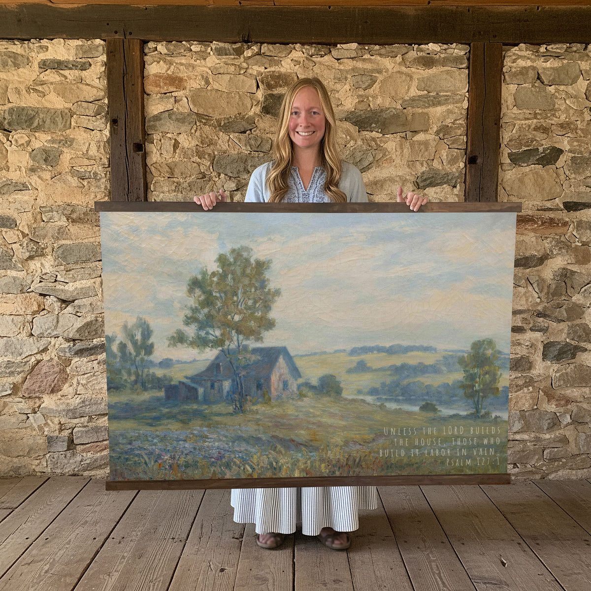 Vintage Farmhouse Landscape - Unless the Lord Builds the House - Psalm 127:1