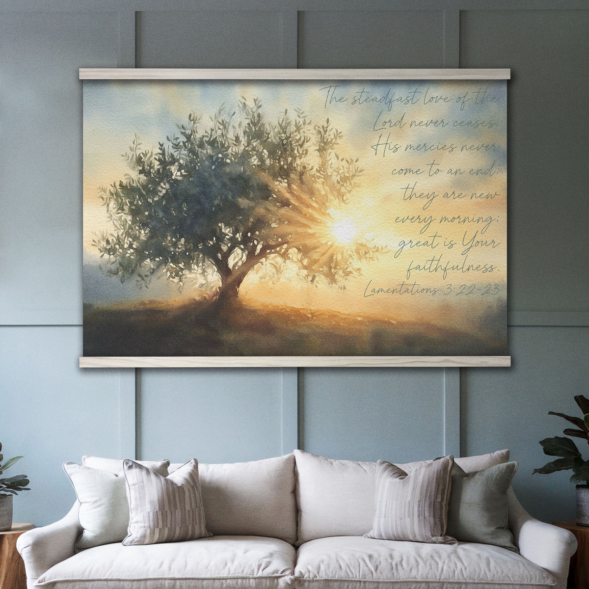 Olive Tree and Sunrise Watercolor Painting - His Mercies are New Every Morning - Lamentations 3:22-23
