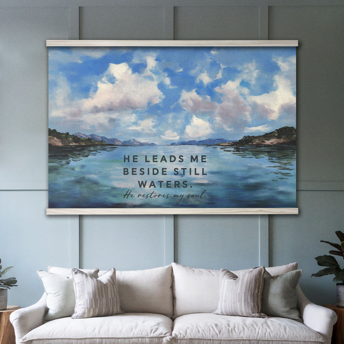 He Leads Me Beside Still Waters - Lake and Clouds Painting - Psalm 23