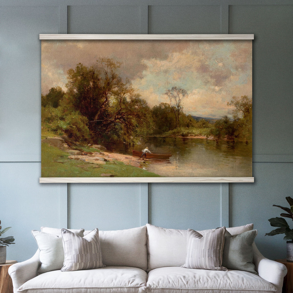 Vintage River Landscape - Fisherman with a Wooden Boat