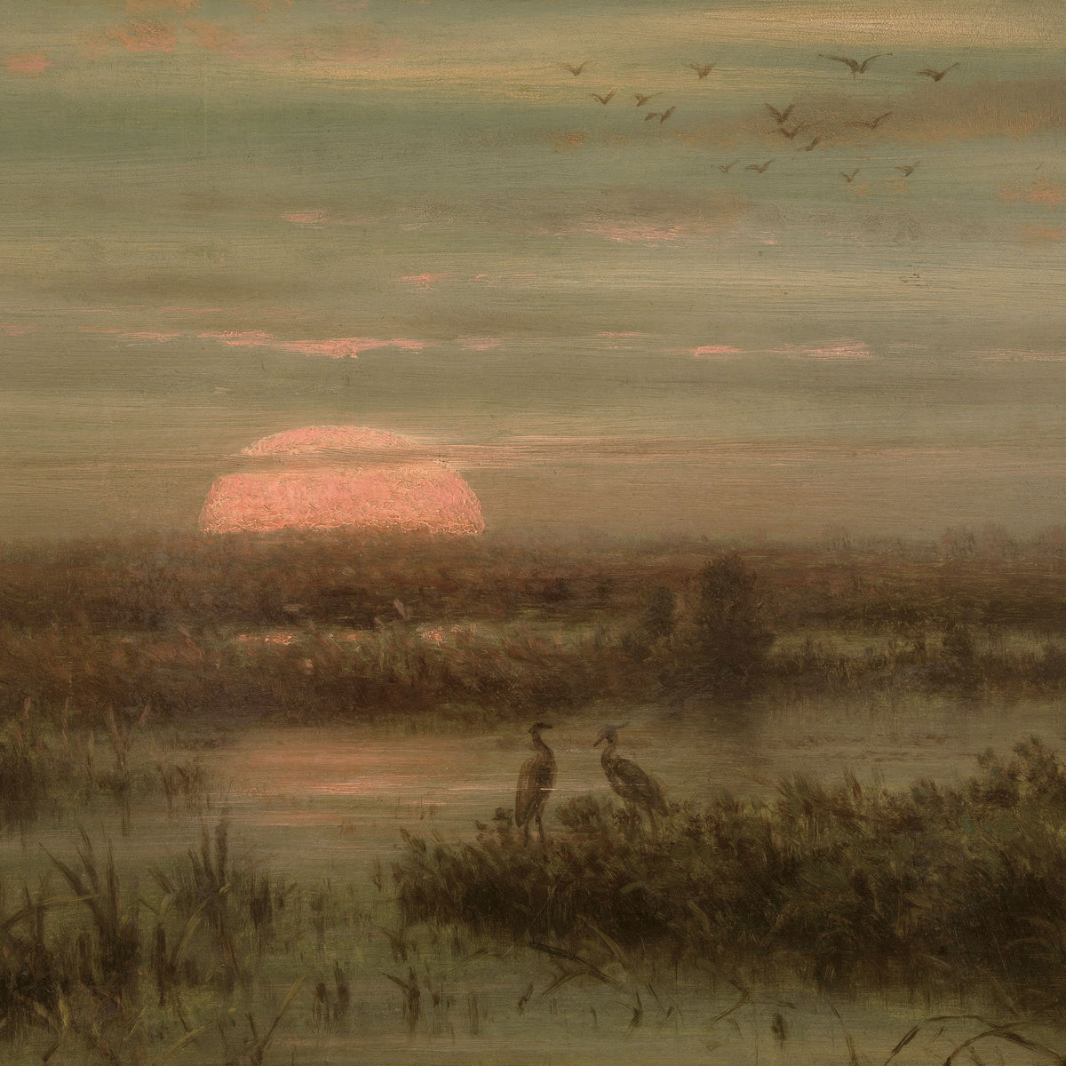 Herons at Sunrise Marsh Landscape Painting