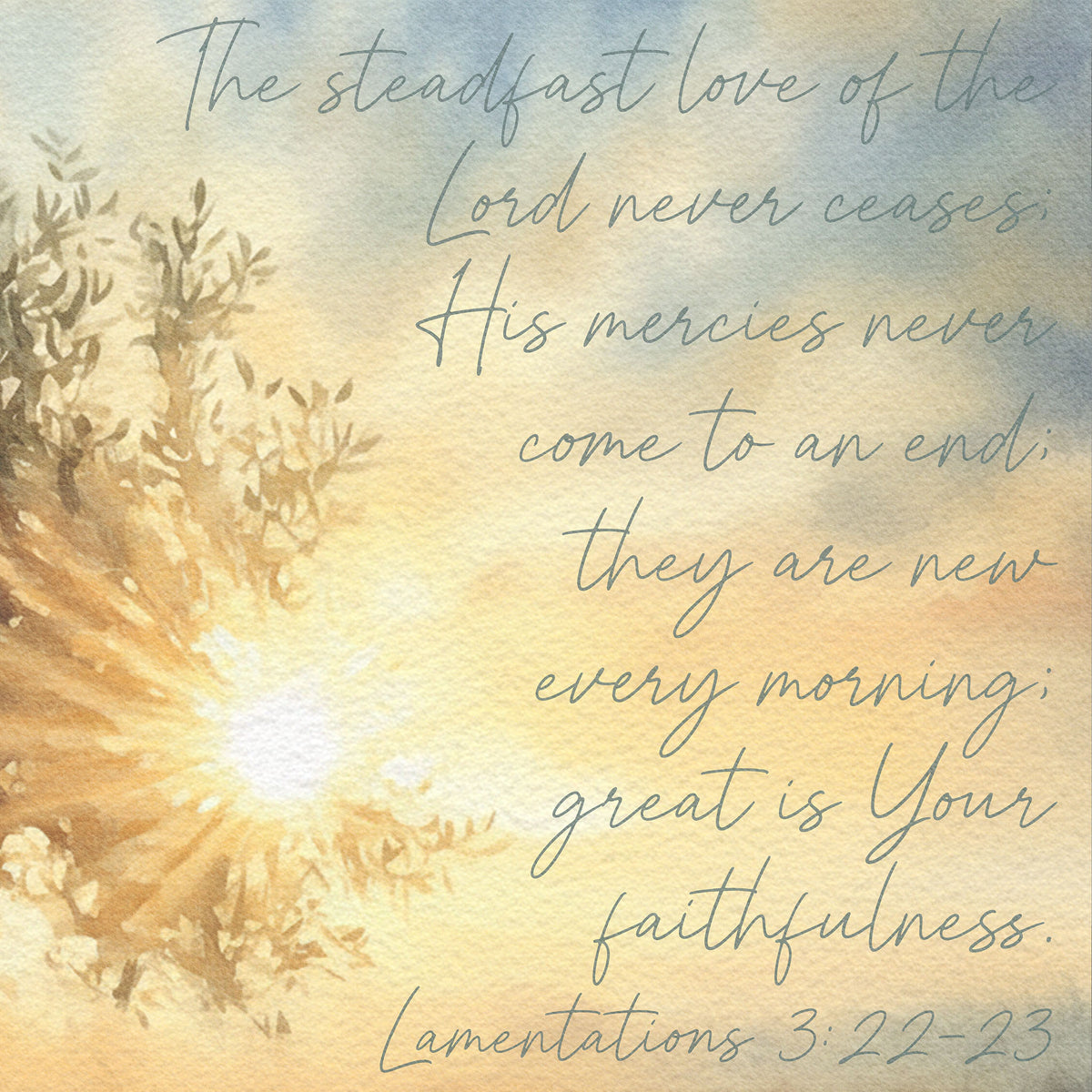 Olive Tree and Sunrise Watercolor Painting - His Mercies are New Every Morning - Lamentations 3:22-23