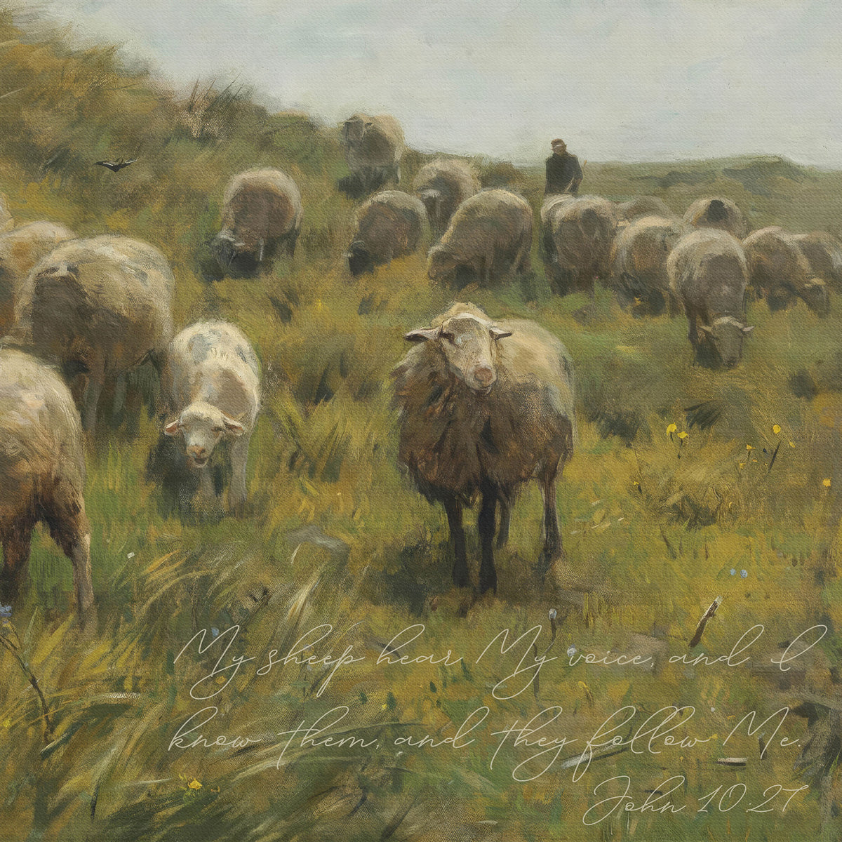 Vintage Shepherd Pastoral Painting - My Sheep Hear My Voice