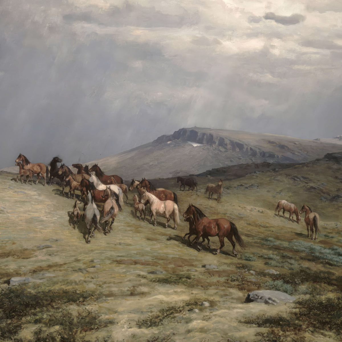 Western Wild Horses Vintage Landscape Painting