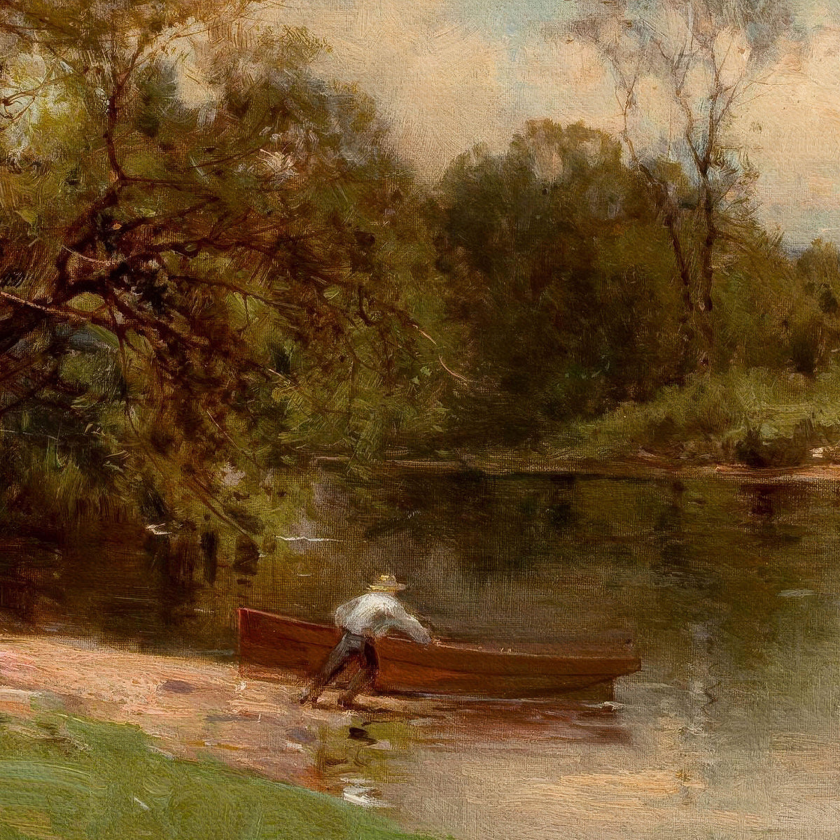Vintage River Landscape - Fisherman with a Wooden Boat